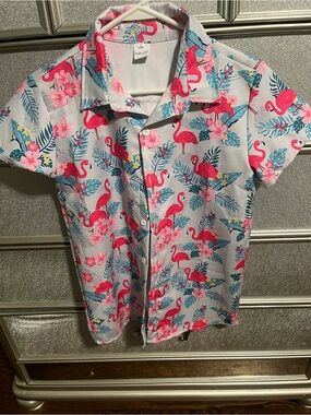 Funnycokid Pink Flamingo Button-Down Shirt Unisex L
